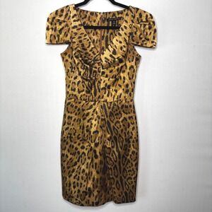 Sandra Angelozzi Leopard Pencil Dress Size 30/XS V Neck Ruched Front Cap‎ Sleeve